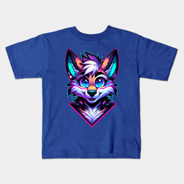 Cyberpunk Neon Furry Anthro Fox Kids T-Shirt by Blue Bull Bazaar